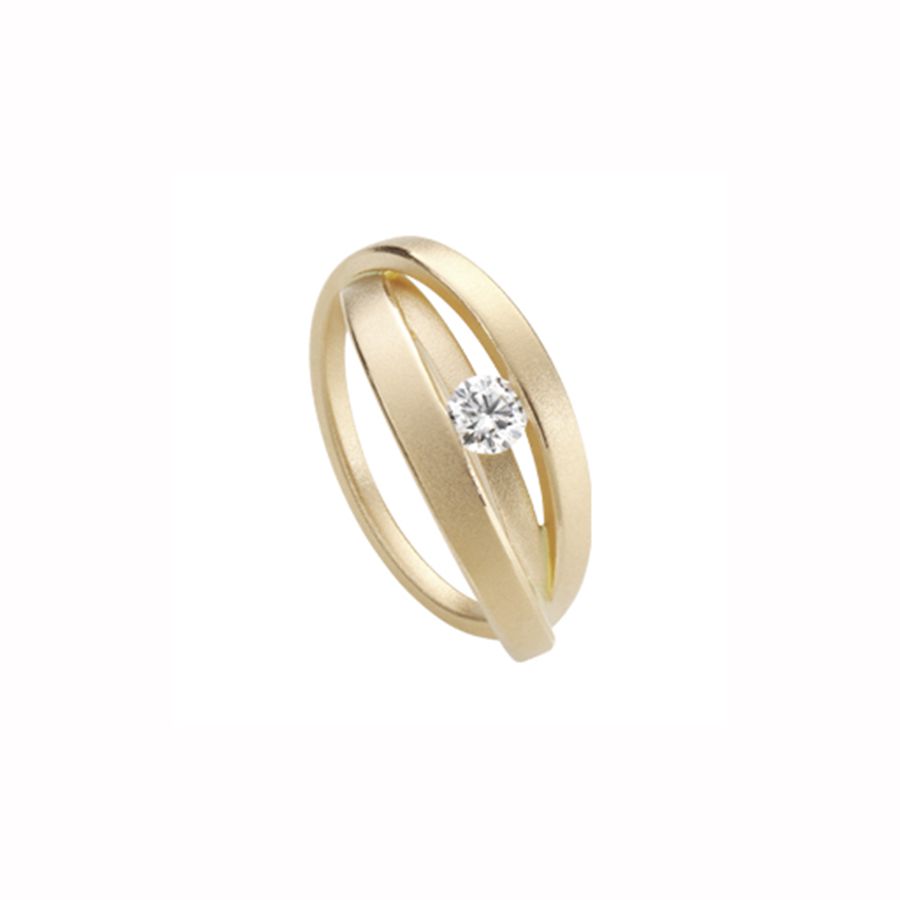 Een 18 krt geelgouden ring Schmuckwerk model Saturn met een diamant briljant geslepen 0.25 crt TW VS.